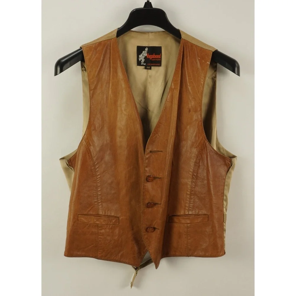Vintage 1970s Vagabond New Hampshire Brown Leather Western Vest Sz 46 Distressed